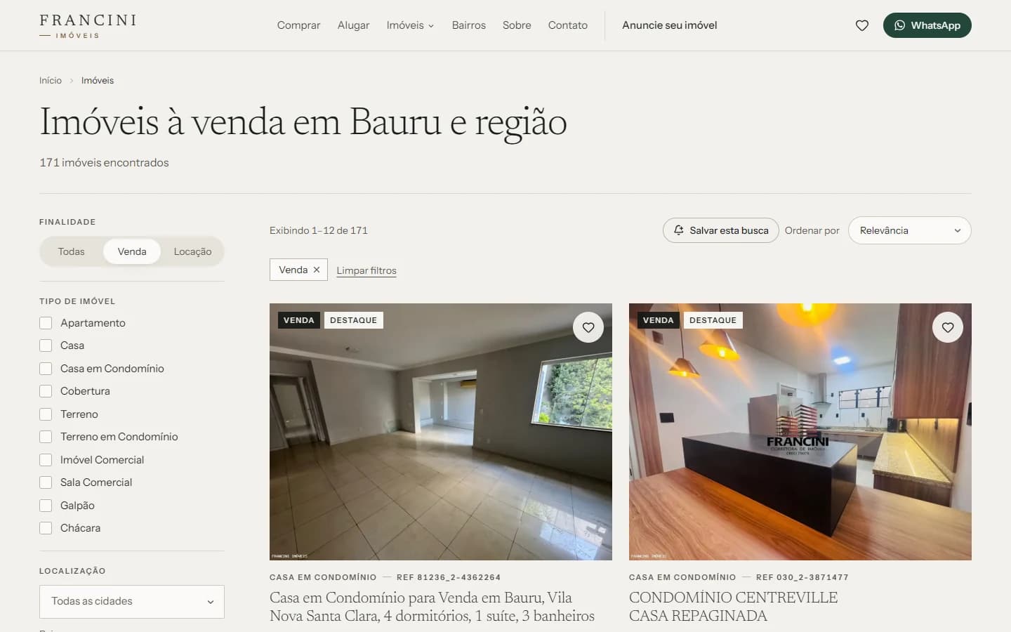 Busca de imóveis do site da Francini, com filtros por tipo, finalidade e localização