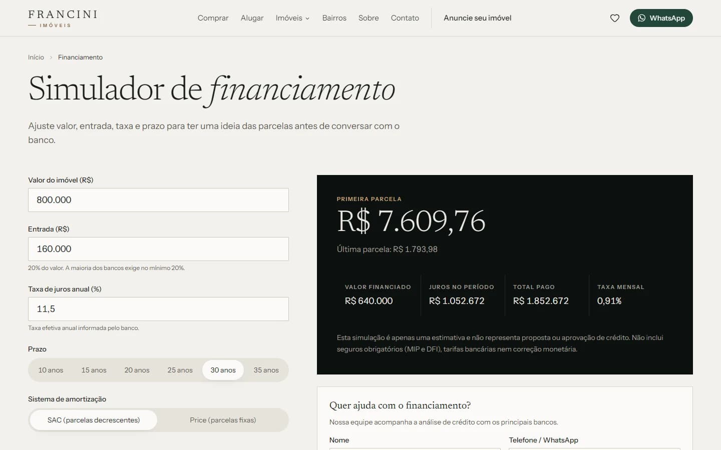 Simulador de financiamento do site da Francini