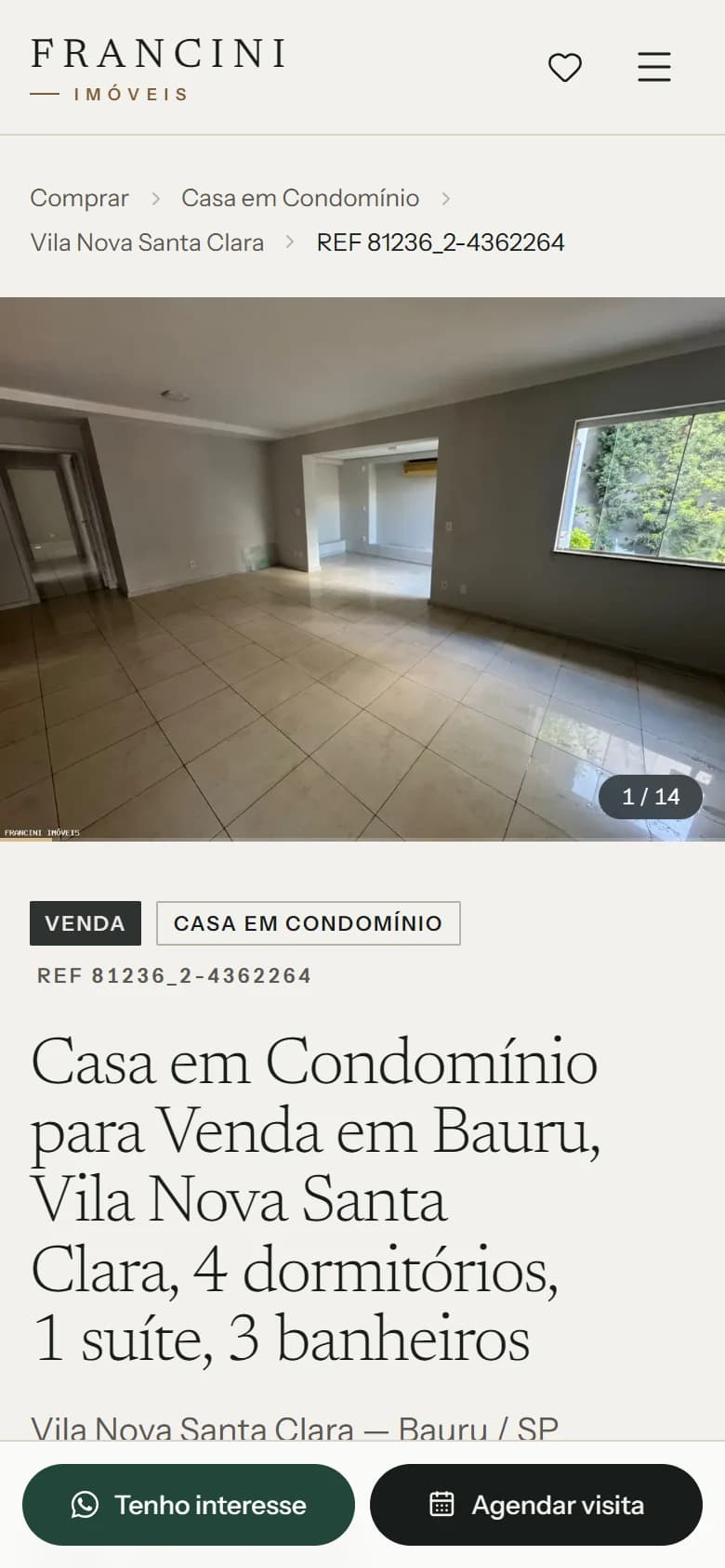 Página de imóvel do site da Francini em versão mobile, com botões de contato fixos