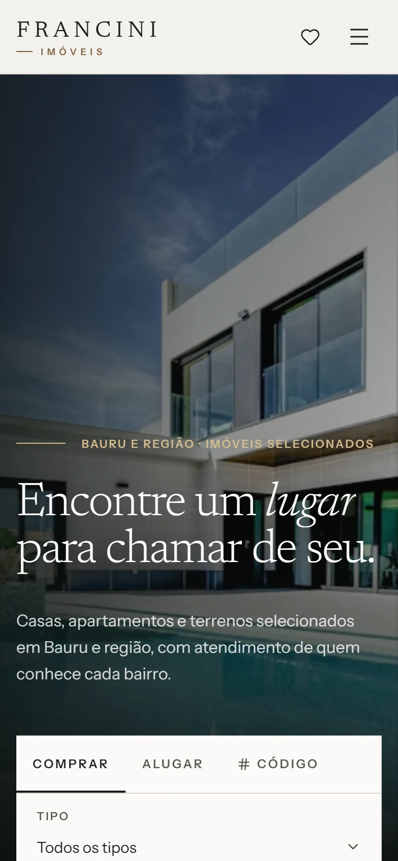 Página inicial do site da Francini em versão mobile