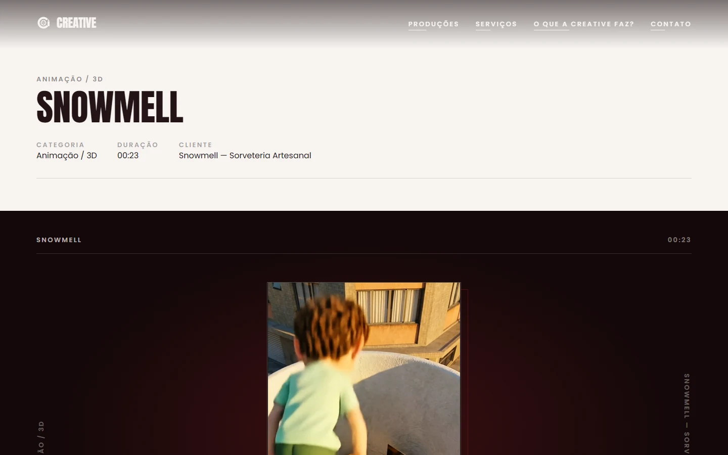 Página de um filme no site da Creative, com player de vídeo enxuto