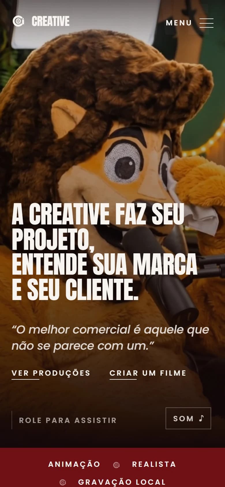 Página inicial do site da Creative em versão mobile