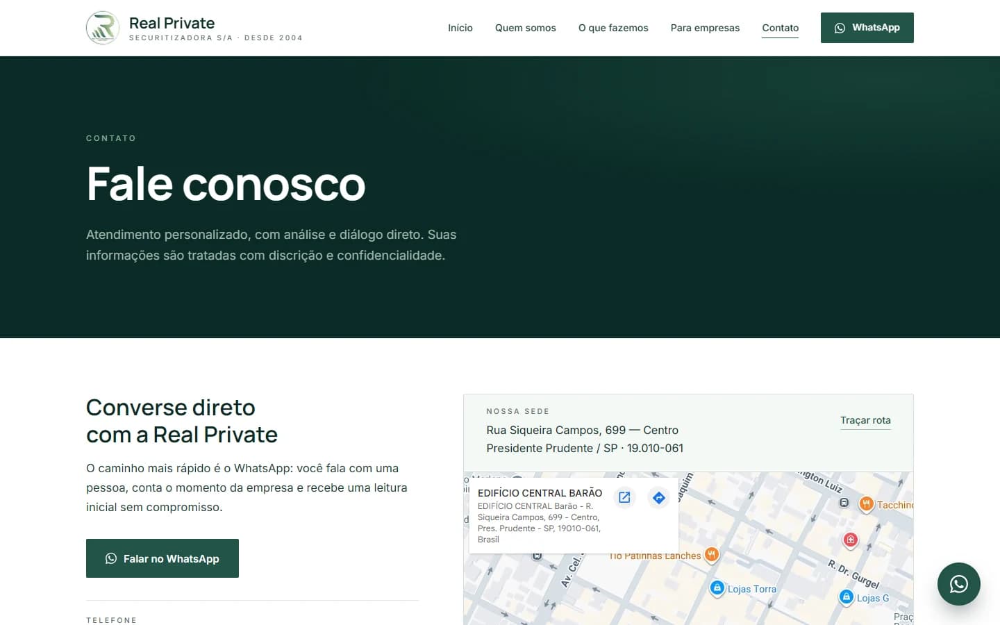 Página de contato do site da Real Private, com mapa da sede