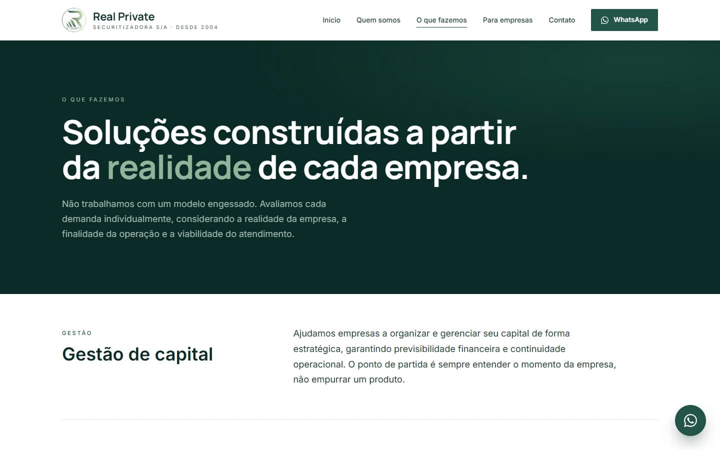 Página O que fazemos do site da Real Private