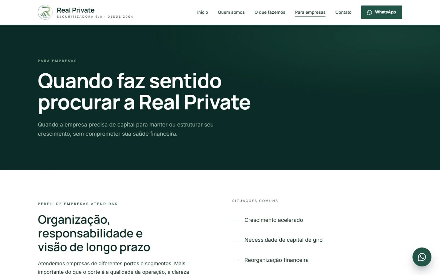 Página Para empresas do site da Real Private