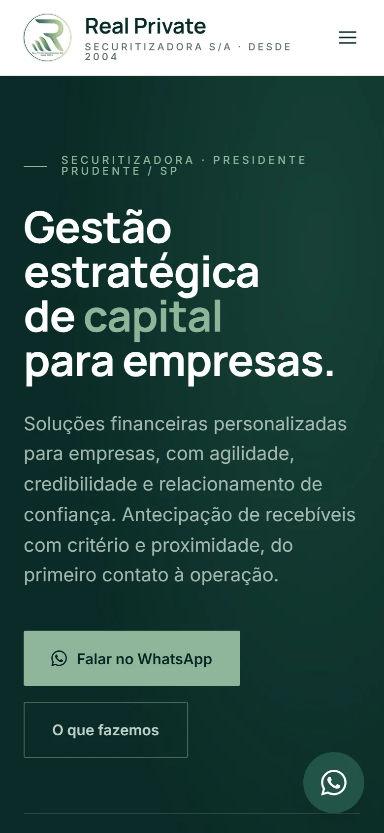 Página inicial do site da Real Private em versão mobile