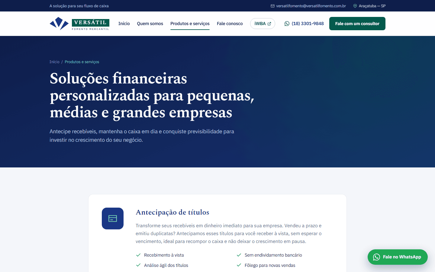 Página de produtos e serviços do site da Versátil