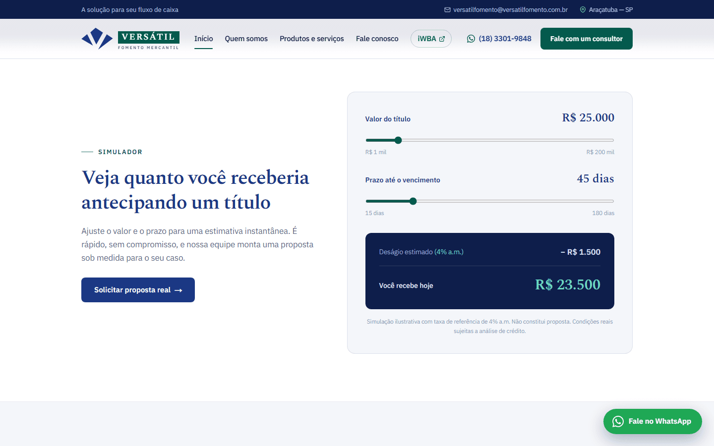 Simulador de antecipação de títulos do site da Versátil