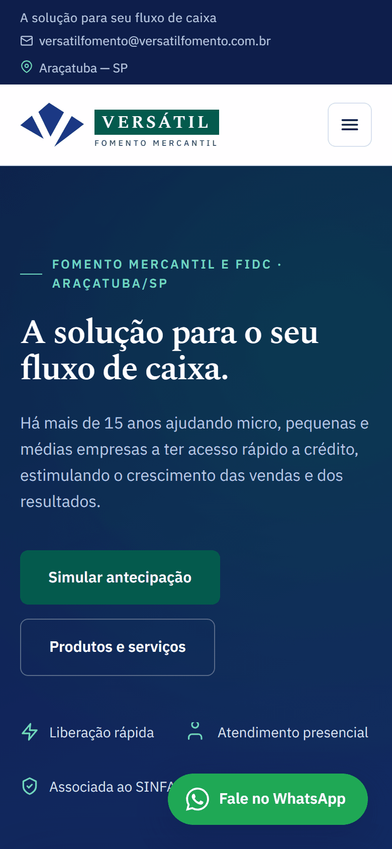 Página inicial do site da Versátil em versão mobile